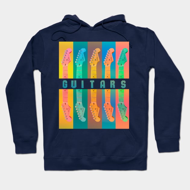 Halves of guitars in retro style. I love Rock/Roll. Guitar neck in a row in pastel colors. Hoodie by Rebeldía Pura